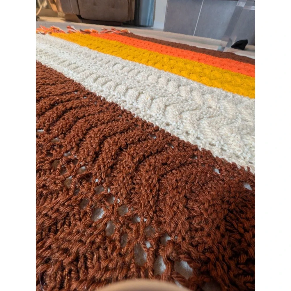 Crochet Afghan Yellow Orange Brown Harvest Autumn Blanket Handmade 54X59 Vintage